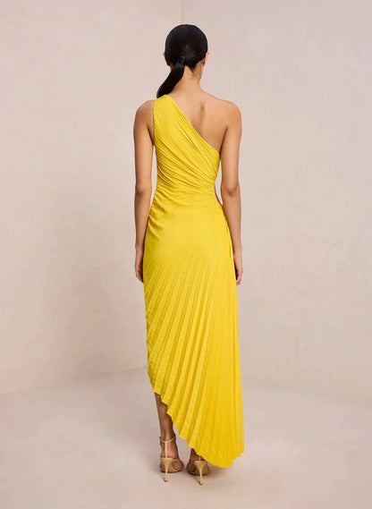 SYLVIANA | Ein-Schulter Plissiertes Midi-Kleid