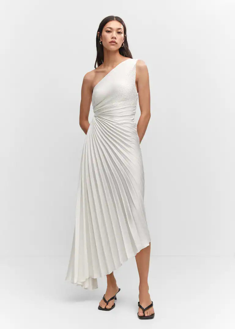SYLVIANA | Ein-Schulter Plissiertes Midi-Kleid