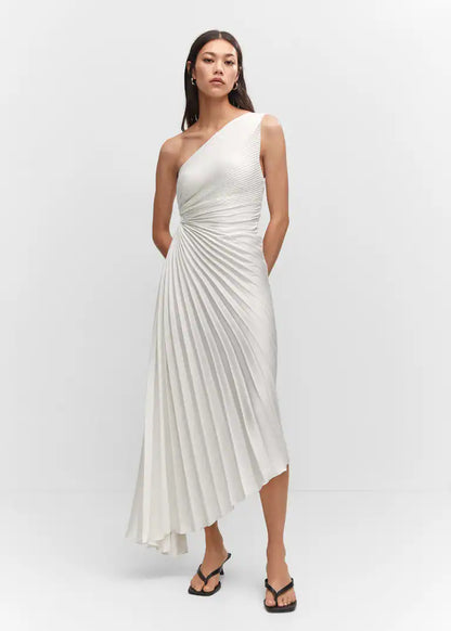 SYLVIANA | Ein-Schulter Plissiertes Midi-Kleid