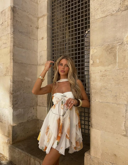 ISABEL | Halter Neck Rüschen bedrucktes Minikleid