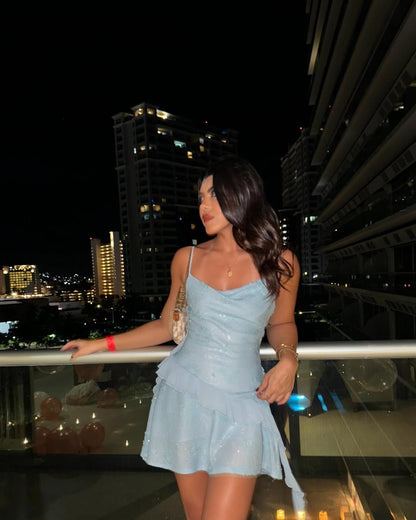 SERENE | Rüschen-Mini-Kleid ohne Ärmel mit Pailletten