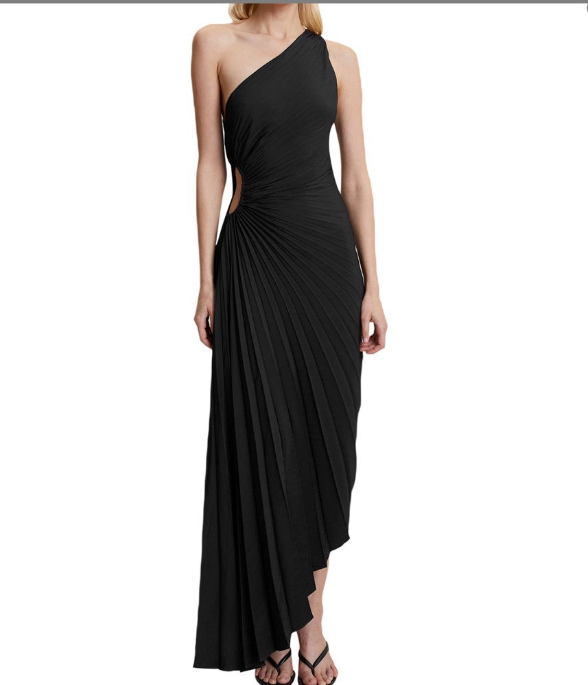 SYLVIANA | Ein-Schulter Plissiertes Midi-Kleid