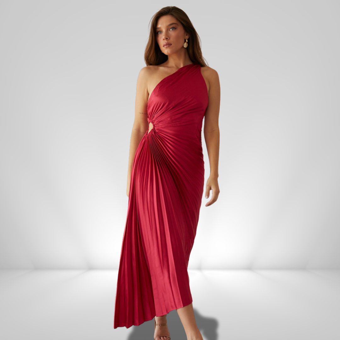 SYLVIANA | Ein-Schulter Plissiertes Midi-Kleid