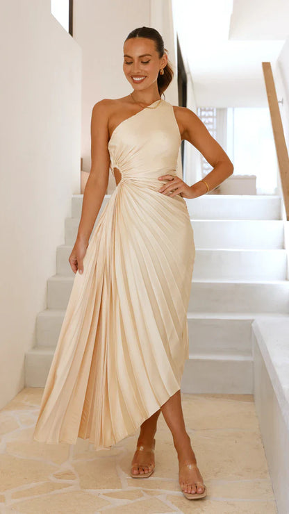 SYLVIANA | Ein-Schulter Plissiertes Midi-Kleid