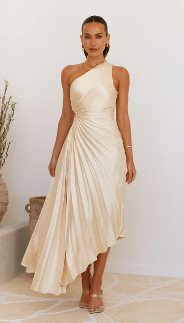 SYLVIANA | Ein-Schulter Plissiertes Midi-Kleid