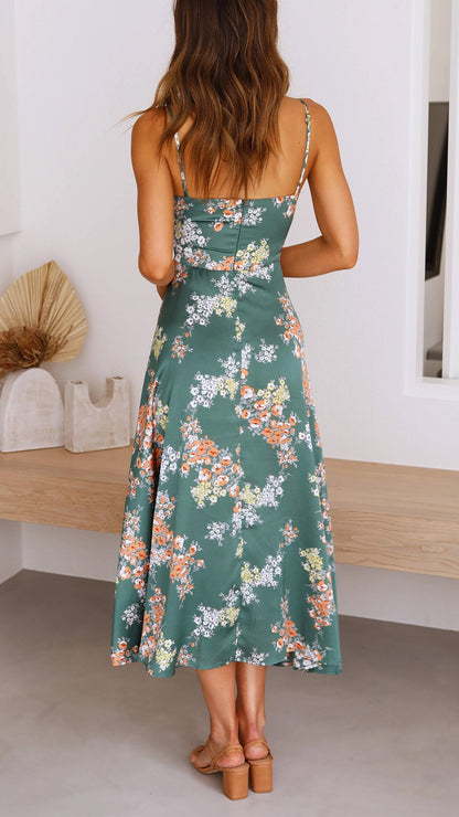 MYLA | Satin Midikleid mit Blumenmuster und Schlitz