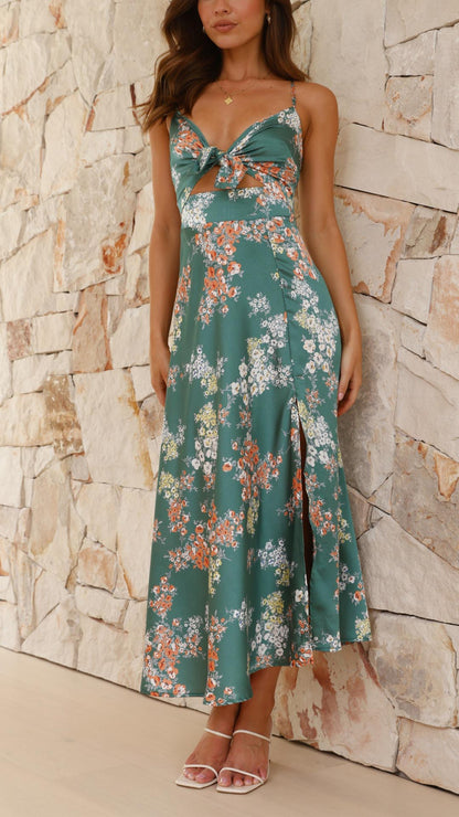MYLA | Satin Midikleid mit Blumenmuster und Schlitz