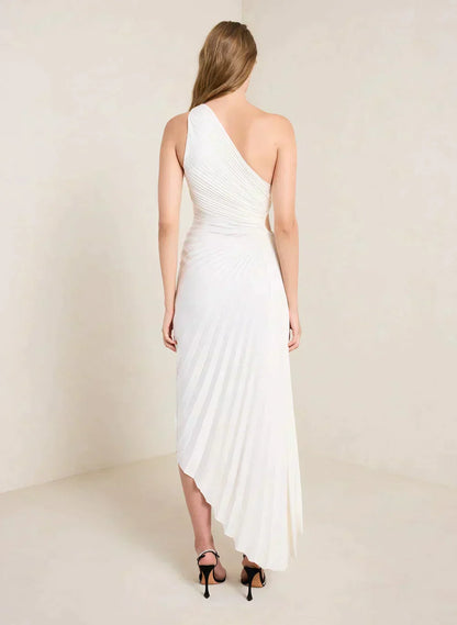 SYLVIANA | Ein-Schulter Plissiertes Midi-Kleid